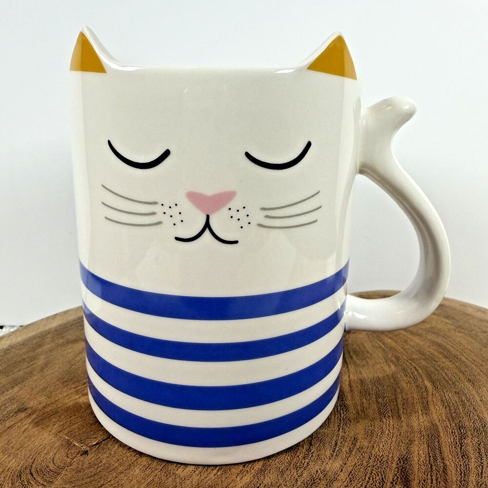Parker Lane Coffee Tea Mug Cat With Sculpted Ears 16 Oz White And Blue Stripes